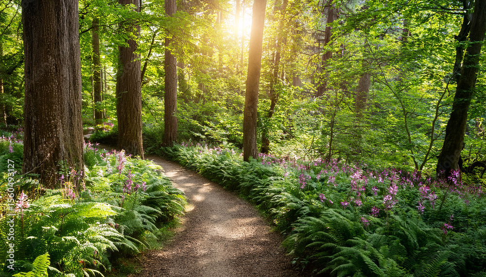 Fototapeta premium sunlit pathway winding through a lush green forest with ferns and blooming flowers