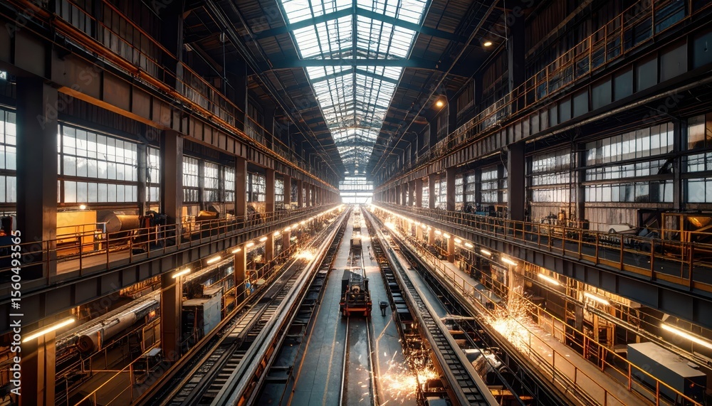 Fototapeta premium Expansive Steampunk Warehouse with Conveyor Belts and Strobe Lights