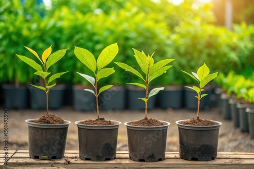 Young Plants Growing in Pots in a Greenhouse Setting