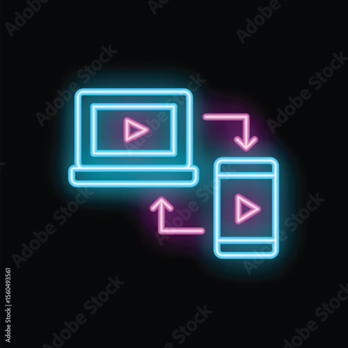 Neon icon of video content sharing between devices with a glowing blue laptop and smartphone connected by pink arrows