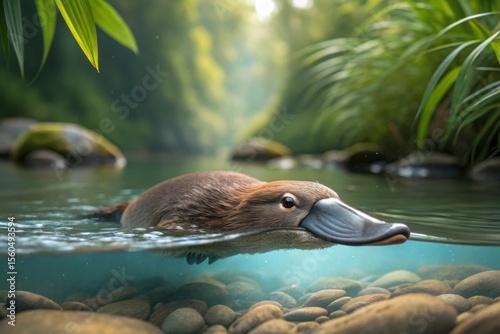 Platypus Swimming in Clear Water Surrounded by Lush Greenery