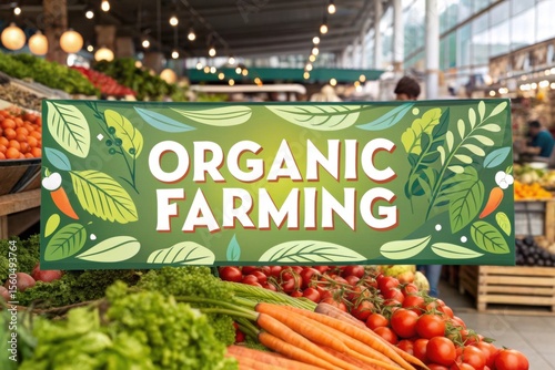 Colorful Organic Farming Sign Amid Fresh Vegetables in Market