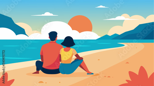 A couple sitting on a secluded beach feeling the warmth of the sun on their skin and the gentle sound of waves lapping at the shore providing a sense of tranquility and stress. Vector illustration