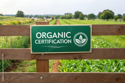 Organic Certification Sign at Sustainable Farm with Green Fields