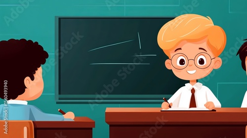 a schoolboy in glasses with blond hair stands behind the podium against the background of a blackboard