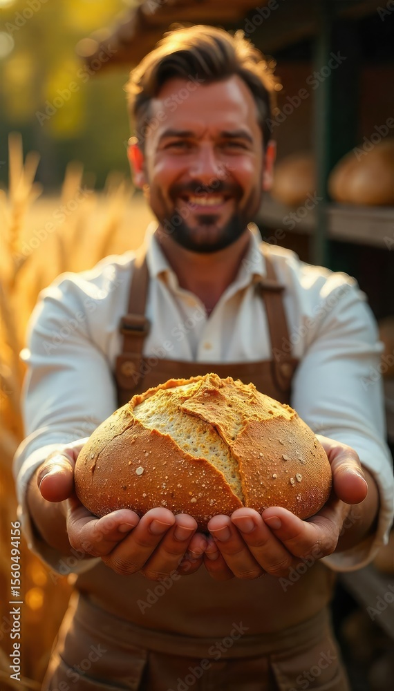 Baker Showing Freshly Harvested Wheat, Golden Sunlight Illuminates Rustic Scene, Ready for Bread Making Baker Showing Freshly Harvested Wheat, Golden Sunlight Illuminates Rustic Scene, Ready for Bread Making