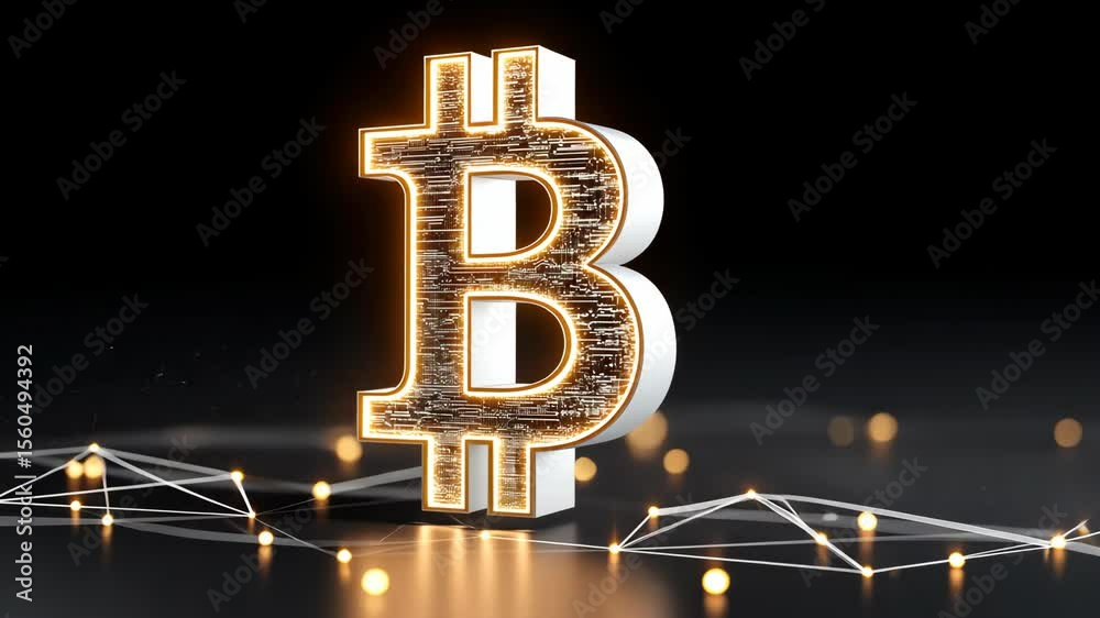 Illuminated Bitcoin symbol representing digital currency and blockchain technology.