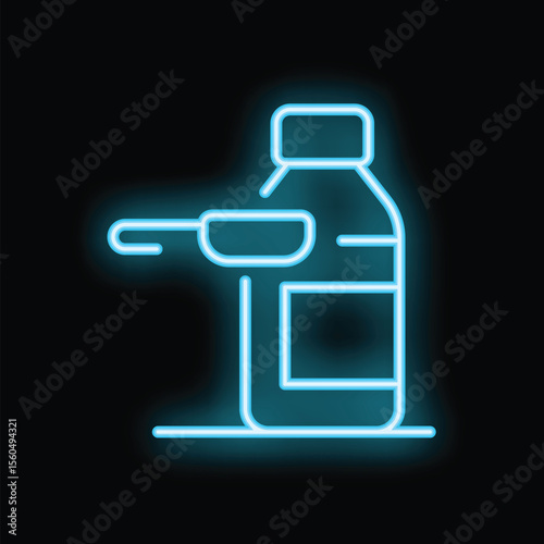 Neon glowing blue medicine bottle with measuring spoon on black background, simple healthcare and pharmacy concept
