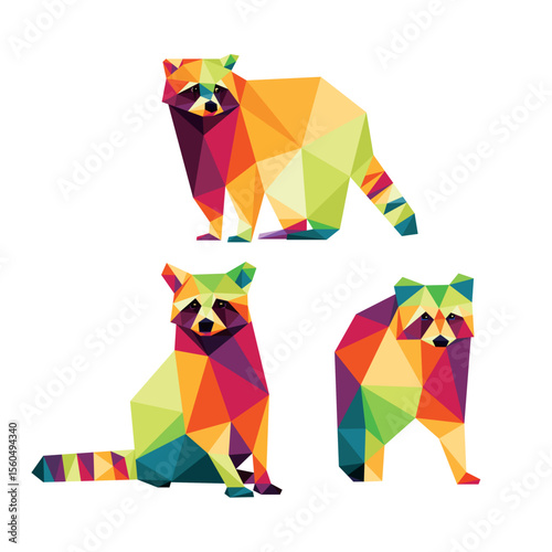 Collection of Raccoon Animal in Colorful Polygonal Low Poly. Set Colorful Abstract Vector of Raccoon. Raccoon Polygon Logo.
