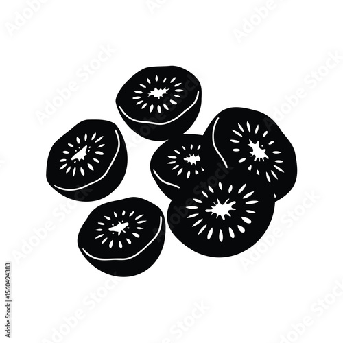 A monochrome minimalist digital illustration of sliced kiwis on a white backdrop