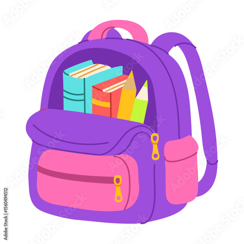 A purple backpack with books and pencils inside. The books are of different sizes and colors