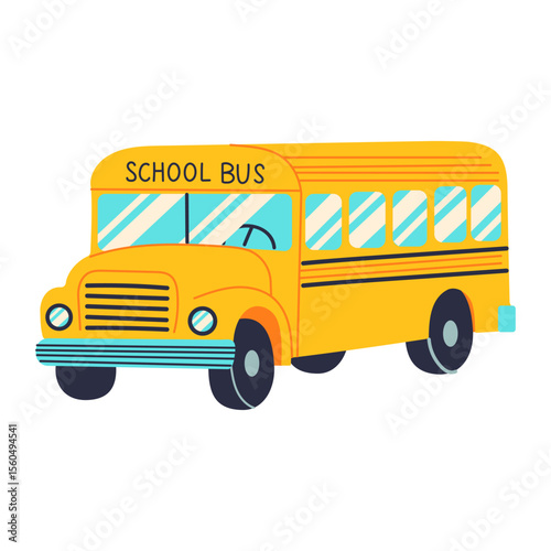 A yellow school bus with the words school bus on the front. The bus is parked on a white background