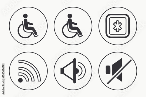 Dog Illustration Accessibility Icons Featuring Wheelchair and Audio Elements Design
