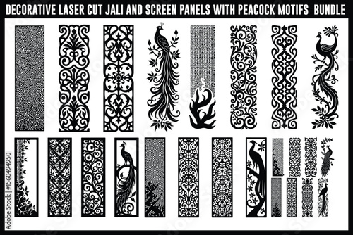 Decorative Laser Cut Jali and Screen Panel Bundle with Peacock Motifs