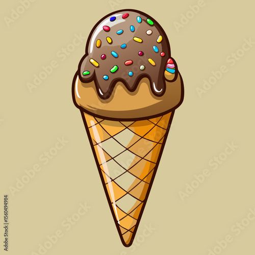 Delicious chocolate ice cream cone with colorful sprinkles and chocolate syrup topping