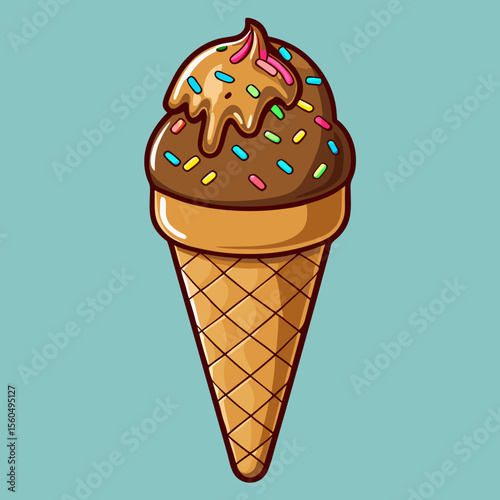 Delicious chocolate ice cream cone with colorful sprinkles and fudge topping