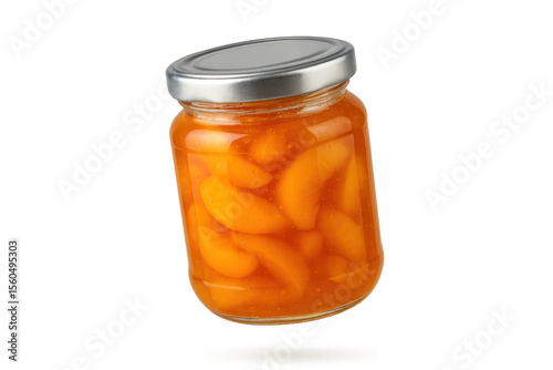 Delicious canned peach halves in a glass jar, isolated on transparent background