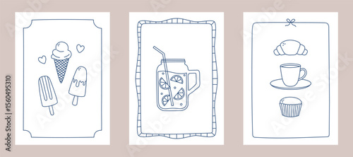 Set of posters with outline ice cream, cup, croissant, cupcake and lemonade. Templates for invitation, menu design, wall art print decor. Vector illustration