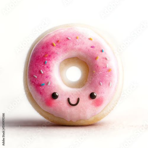 Cute cartoon donut with a smiling face and pink icing.