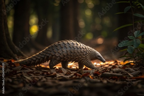 Pangolin Walking Through Forest Under Soft Sunlight and Leaves