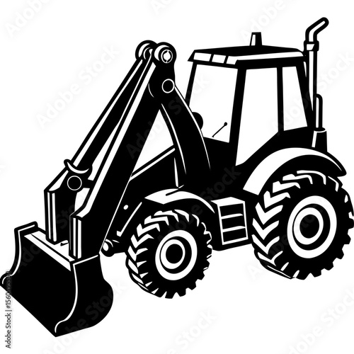 Black and white illustration of a front loader tractor with a raised bucket
