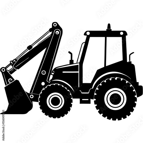 Black silhouette of a backhoe loader on a white background