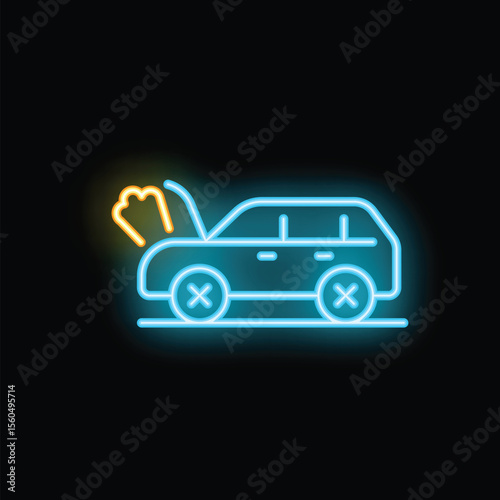 Neon style icon of broken car with smoke coming from open hood