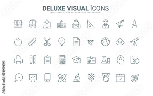 Outline symbols of class subjects to study and book, graduate cap and trophy, calculator and school bus. School, university or college education thin black and red line icons set vector illustration.