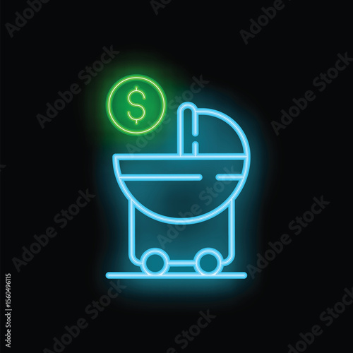 Glowing neon icon of a baby stroller with a dollar sign above, symbolizing the financial aspect of parenthood