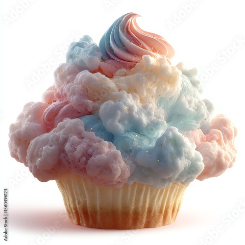 Colorful cotton candy cupcake with swirls of pastel frosting.
