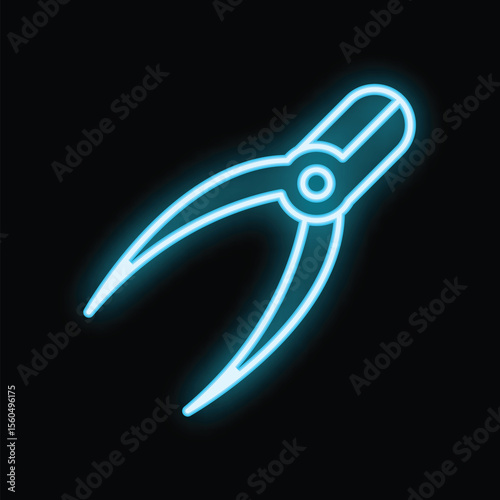 Blue neon sign depicting pliers or nail clippers shining brightly on a black background