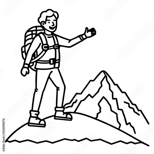 Happy hiker with backpack standing on mountain peak giving thumbs up