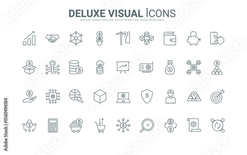 Outline symbols of cryptocurrency infrastructure and cryptography, wallet for virtual money and market to exchange and trade bitcoin. Blockchain thin black and red line icons set vector illustration.