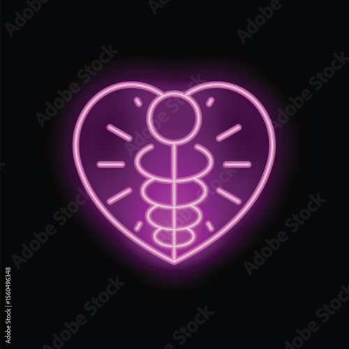 Glowing neon pink kundalini symbol is inside a bright heart shape on a black background