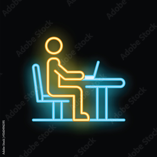 Bright neon sign of a person working on their laptop at a desk, perfect for topics of office work or concentration