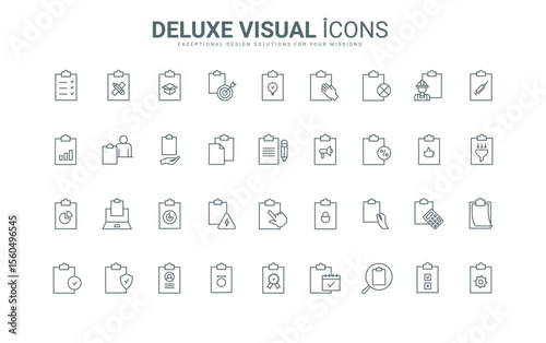 Checklist with ticks, paper sheet of document and data report, survey form on board and contract, office schedule thin black and red outline symbols, vector illustration. Clipboard line icons set.