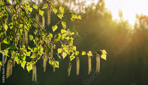 birch catkins releasing pollen on sunny day