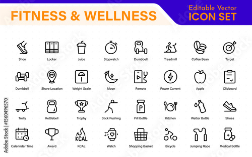 Set of fitness and wellness related line icons, wellbeing, mental health, healthcare, cosmetics, spa, medical. Outline icon collection.