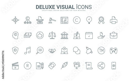 Content creation, authors ideas, pencil and pen to write article thin black and red symbols vector illustration. Development and protection of brand, patent and intellectual property line icons set.