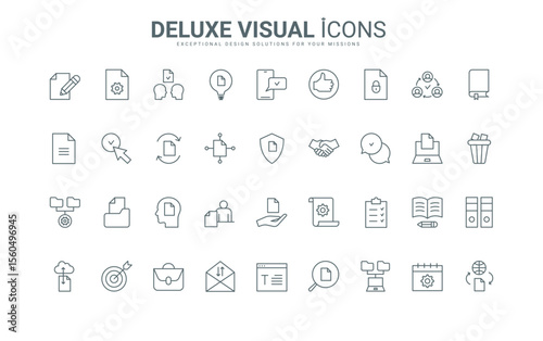 License stamp and certified quality form, handshake to approve agreement and decision checklist, security thin black and red outline symbols, vector illustration. Documents approval line icons set.