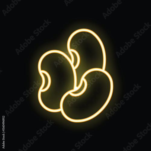 Bright neon icon of three beans glowing on a black background