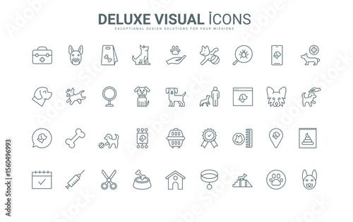 Outline symbols of pet training and food, medical veterinarian checkup for health of domestic animal and vaccine, puppy doghouse. Dog care thin black and red line icons set vector illustration.