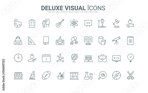 Knowledge of physics and chemistry, online language learning, test for student thin black and red outline symbols, vector illustration. Education at school, college and university line icons set.