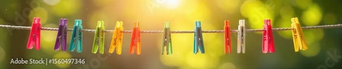 Colorful Plastic Clothespins Drying in Sunlight on a Clothesline Perfect Spring Cleaning and Home Organization Imagery