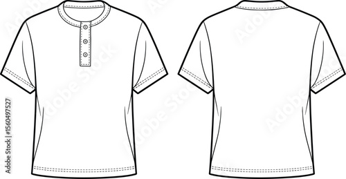 Men's White Short Sleeve Henley T-Shirt Mockup Front Back View Apparel Design Template Casual Fashion Garment Illustration Blank Editable Vector Flat Sketch Technical Drawing Comfortable Sportswear.