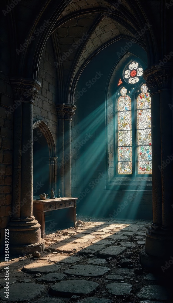 Obraz premium Eerie Gothic Cathedral Interior Stained Glass Illuminates Ancient Stone and Forgotten Relics