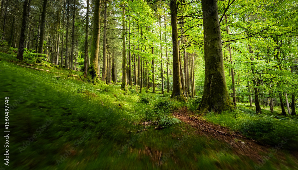 Fototapeta premium lush green spring forest with tall trees and vibrant foliage creating a serene natural environment a smooth and fast low camera move forward close to the ground