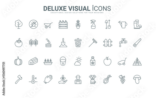 Farmers tools, eco fertilizer, barn and greenhouse to care and grow agriculture plants thin black and red outline symbols, vector illustration. Farm garden equipment and harvest line icons set.