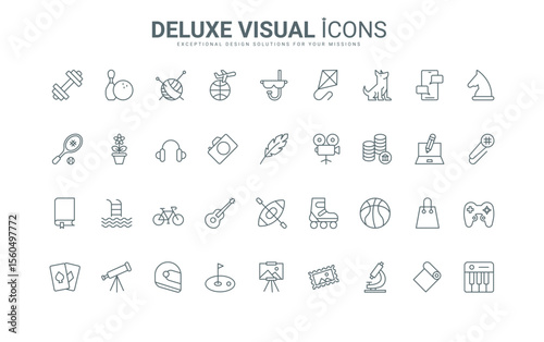 Symbols of music karaoke and craft sewing, video and photo camera, sport ball and bike, writing and chess thin black and red outline vector illustration. Hobby, games and leisure line icons set.