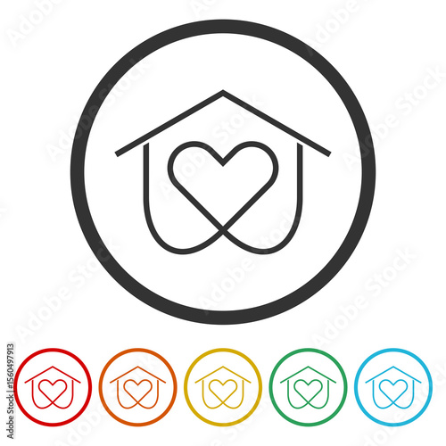 House heart shape icon. Set icons in color circle buttons